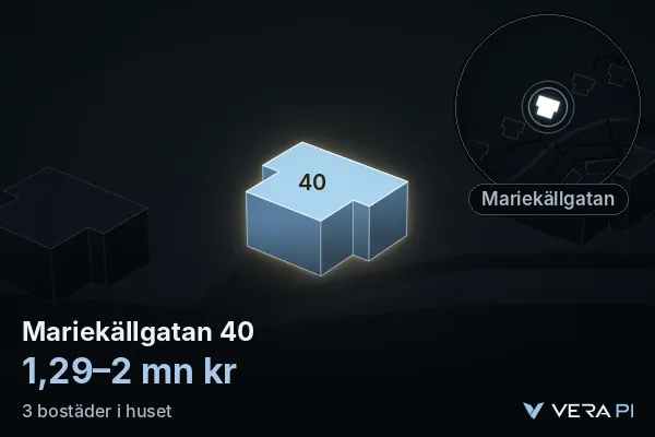 VERA PI's image of Mariekällgatan 40: the building in 3D, lit in blue, and the map around it