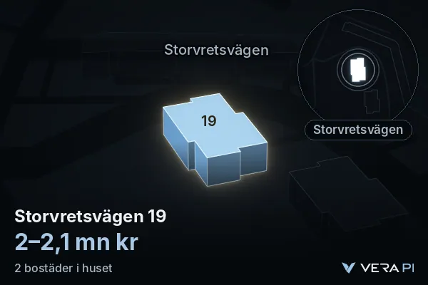 VERA PI:s bild av Storvretsvägen 19: huset i 3D, upplyst i blått, och kartan runt omkring