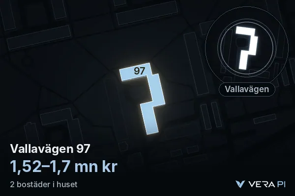 VERA PI:s bild av Vallavägen 97: huset i 3D, upplyst i blått, och kartan runt omkring