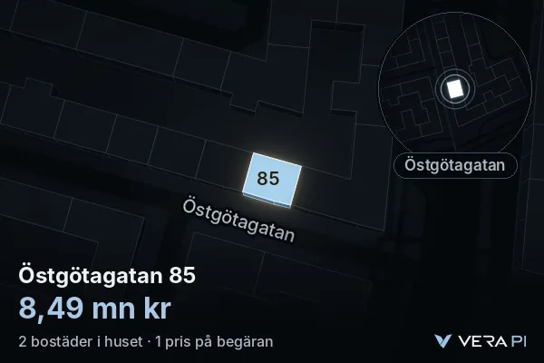 VERA PI:s bild av Östgötagatan 85: huset i 3D, upplyst i blått, och kartan runt omkring