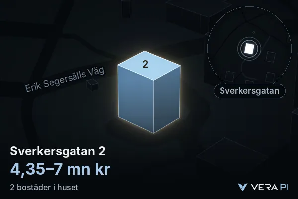 VERA PI's image of Sverkersgatan 2: the building in 3D, lit in blue, and the map around it