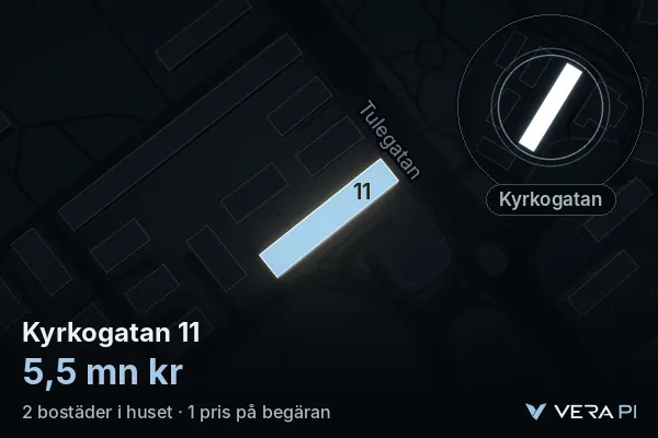 VERA PI:s bild av Kyrkogatan 11: huset i 3D, upplyst i blått, och kartan runt omkring