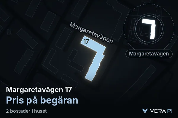 VERA PI's image of Margaretavägen 17: the building in 3D, lit in blue, and the map around it