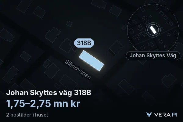 VERA PI:s bild av Johan Skyttes väg 318B: huset i 3D, upplyst i blått, och kartan runt omkring