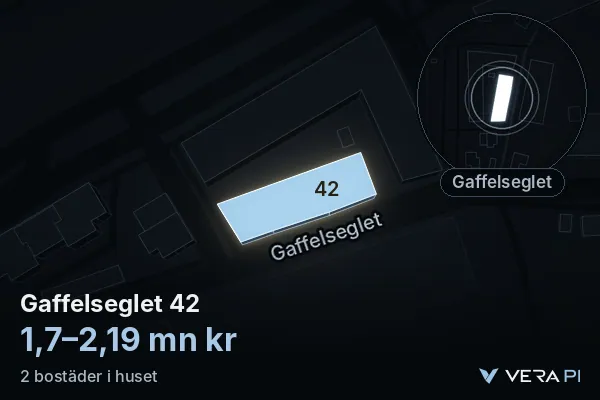 VERA PI's image of Gaffelseglet 42: the building in 3D, lit in blue, and the map around it