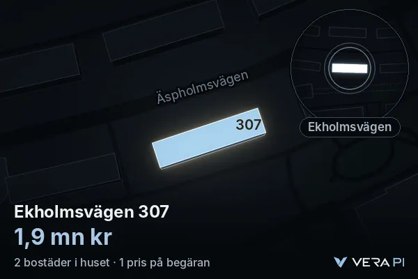 VERA PI:s bild av Ekholmsvägen 307: huset i 3D, upplyst i blått, och kartan runt omkring