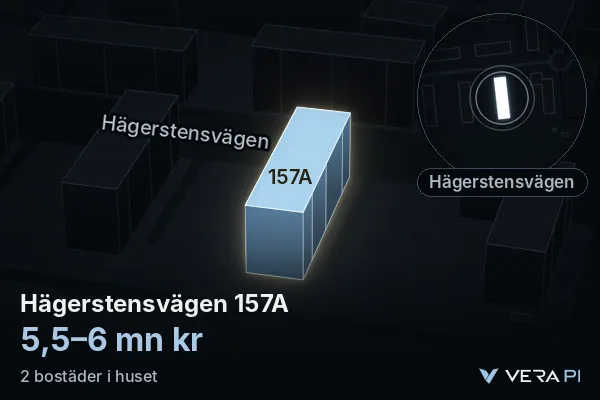 VERA PI's image of Hägerstensvägen 157A: the building in 3D, lit in blue, and the map around it