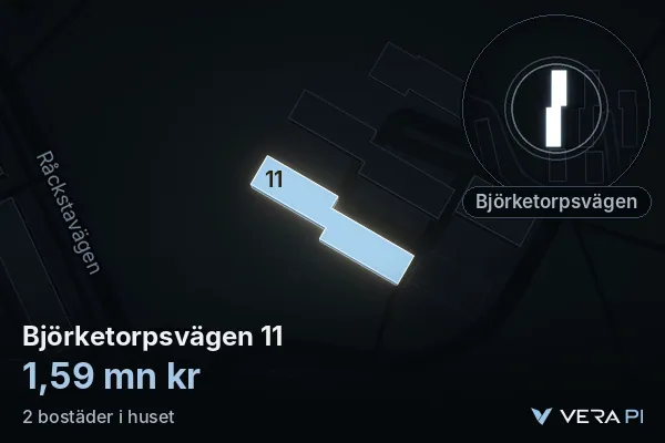 VERA PI:s bild av Björketorpsvägen 11: huset i 3D, upplyst i blått, och kartan runt omkring