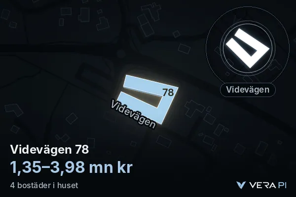 VERA PI's image of Videvägen 78: the building in 3D, lit in blue, and the map around it