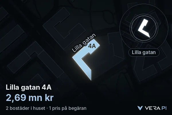 VERA PI:s bild av Lilla gatan 4A: huset i 3D, upplyst i blått, och kartan runt omkring