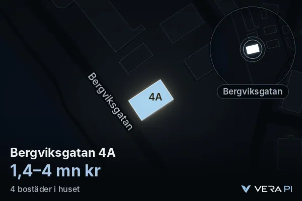 VERA PI's image of Bergviksgatan 4A: the building in 3D, lit in blue, and the map around it