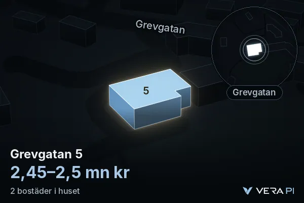 VERA PI:s bild av Grevgatan 5: huset i 3D, upplyst i blått, och kartan runt omkring