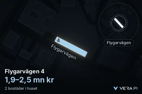 VERA PI's image of Flygarvägen 4: the building in 3D, lit in blue, and the map around it