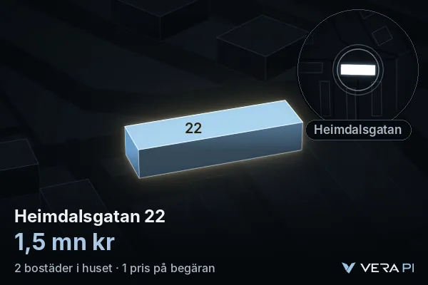 VERA PI's image of Heimdalsgatan 22: the building in 3D, lit in blue, and the map around it