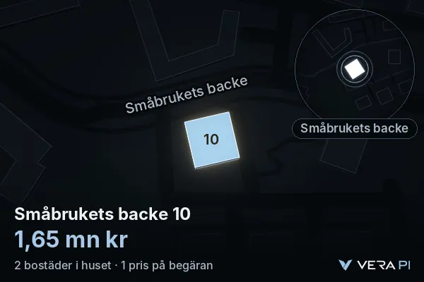 VERA PI:s bild av Småbrukets backe 10: huset i 3D, upplyst i blått, och kartan runt omkring