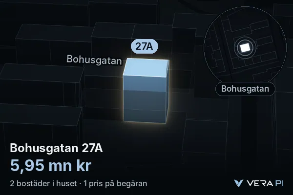 VERA PI:s bild av Bohusgatan 27A: huset i 3D, upplyst i blått, och kartan runt omkring
