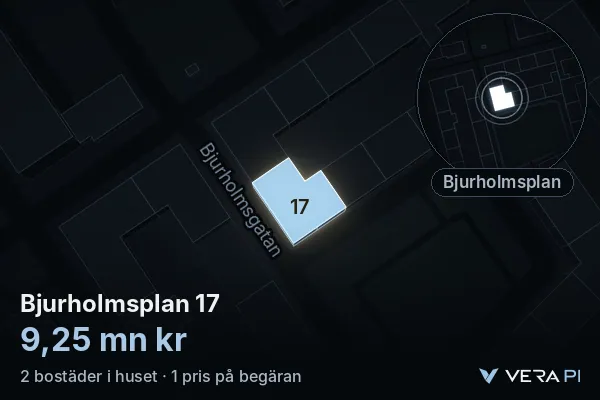 VERA PI's image of Bjurholmsplan 17: the building in 3D, lit in blue, and the map around it