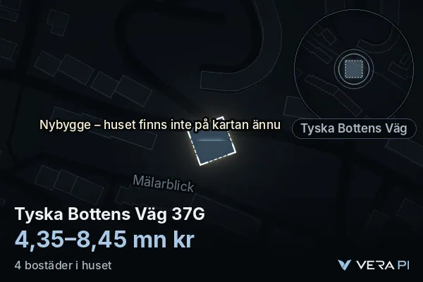 VERA PI:s bild av Tyska Bottens Väg 37G: huset i 3D, upplyst i blått, och kartan runt omkring