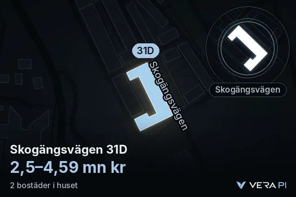 VERA PI:s bild av Skogängsvägen 31D: huset i 3D, upplyst i blått, och kartan runt omkring