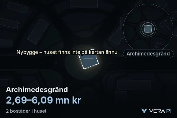 VERA PI:s bild av Archimedesgränd: huset i 3D, upplyst i blått, och kartan runt omkring