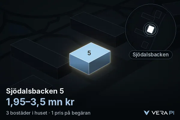 VERA PI:s bild av Sjödalsbacken 5: huset i 3D, upplyst i blått, och kartan runt omkring