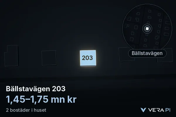 VERA PI:s bild av Bällstavägen 203: huset i 3D, upplyst i blått, och kartan runt omkring