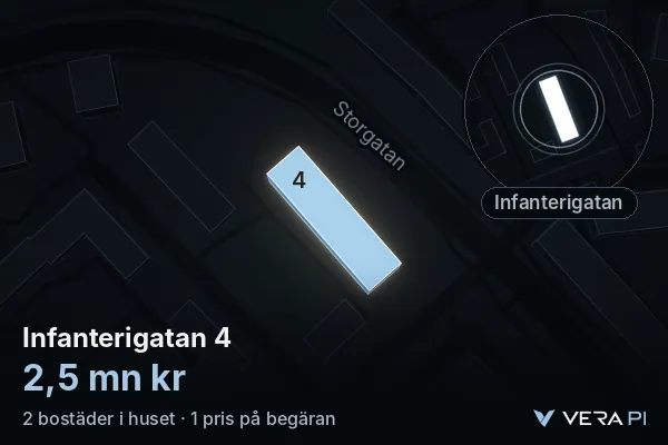 VERA PI's image of Infanterigatan 4: the building in 3D, lit in blue, and the map around it