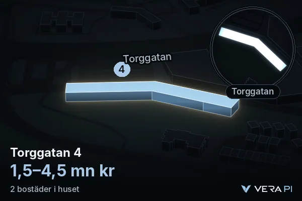 VERA PI:s bild av Torggatan 4: huset i 3D, upplyst i blått, och kartan runt omkring