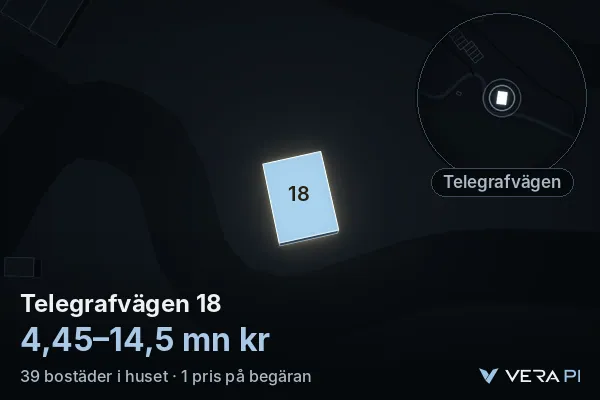 VERA PI:s bild av Telegrafvägen 18: huset i 3D, upplyst i blått, och kartan runt omkring