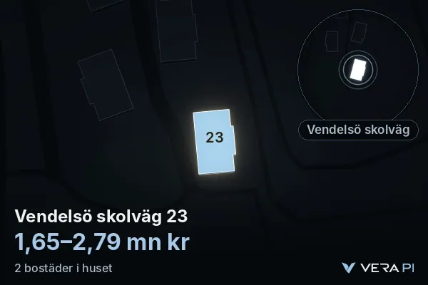 VERA PI:s bild av Vendelsö skolväg 23: huset i 3D, upplyst i blått, och kartan runt omkring