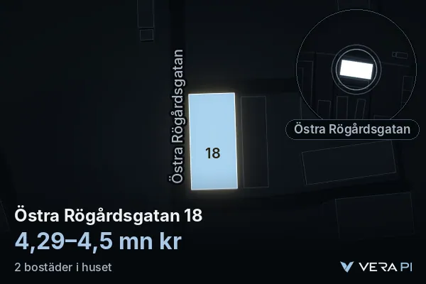 VERA PI's image of Östra Rögårdsgatan 18: the building in 3D, lit in blue, and the map around it