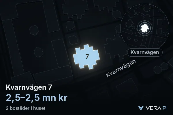 VERA PI:s bild av Kvarnvägen 7: huset i 3D, upplyst i blått, och kartan runt omkring