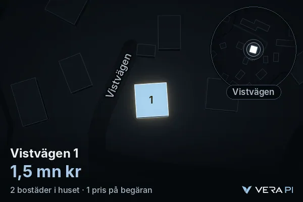 VERA PI's image of Vistvägen 1: the building in 3D, lit in blue, and the map around it