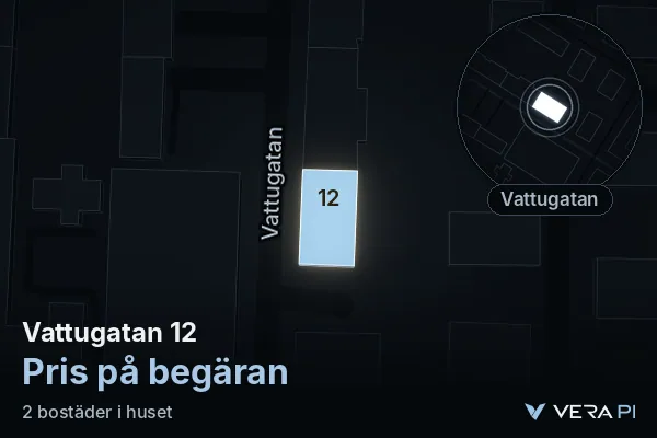 VERA PI:s bild av Vattugatan 12: huset i 3D, upplyst i blått, och kartan runt omkring