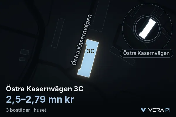 VERA PI's image of Östra Kasernvägen 3C: the building in 3D, lit in blue, and the map around it