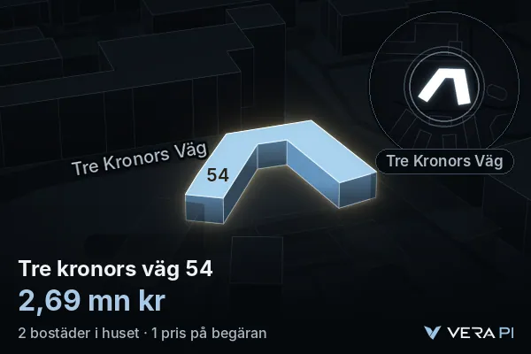 VERA PI:s bild av Tre kronors väg 54: huset i 3D, upplyst i blått, och kartan runt omkring