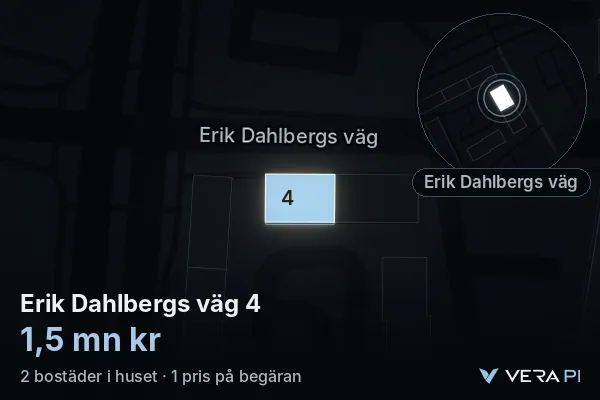 VERA PI's image of Erik Dahlbergs väg 4: the building in 3D, lit in blue, and the map around it