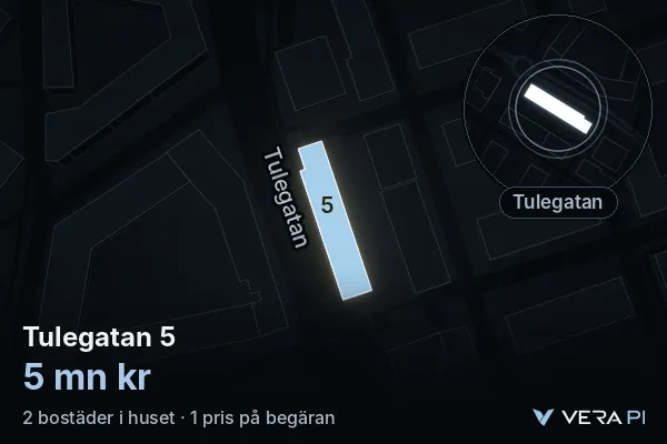 VERA PI:s bild av Tulegatan 5: huset i 3D, upplyst i blått, och kartan runt omkring