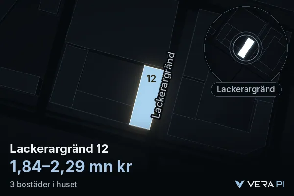 VERA PI's image of Lackerargränd 12: the building in 3D, lit in blue, and the map around it