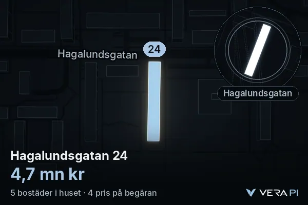 VERA PI's image of Hagalundsgatan 24: the building in 3D, lit in blue, and the map around it
