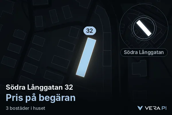 VERA PI's image of Södra Långgatan 32: the building in 3D, lit in blue, and the map around it