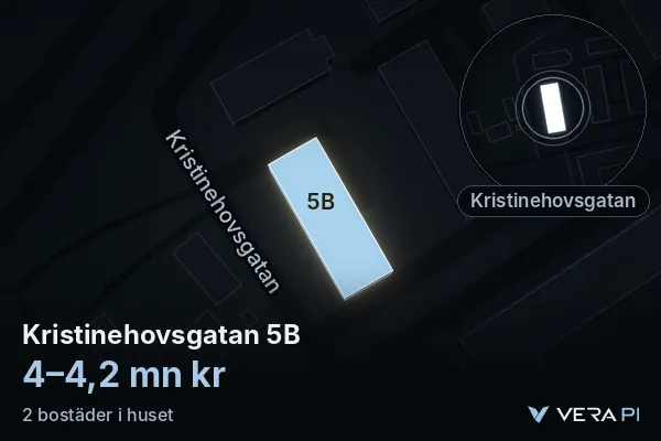 VERA PI:s bild av Kristinehovsgatan 5B: huset i 3D, upplyst i blått, och kartan runt omkring