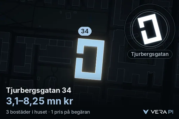 VERA PI:s bild av Tjurbergsgatan 34: huset i 3D, upplyst i blått, och kartan runt omkring
