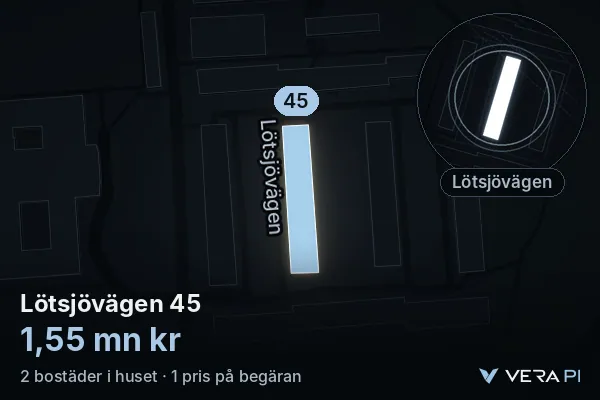 VERA PI:s bild av Lötsjövägen 45: huset i 3D, upplyst i blått, och kartan runt omkring