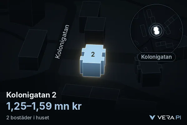 VERA PI:s bild av Kolonigatan 2: huset i 3D, upplyst i blått, och kartan runt omkring