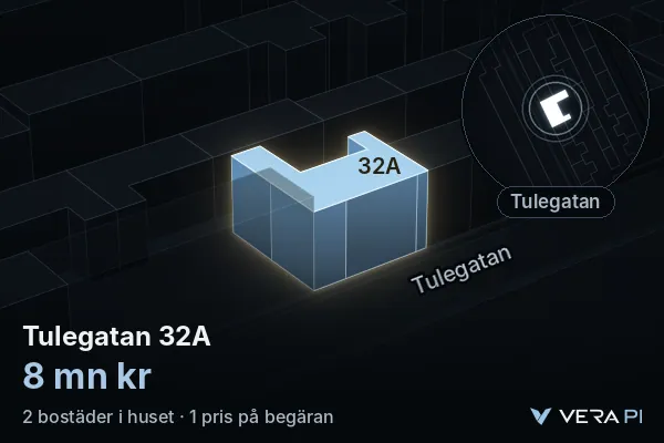VERA PI:s bild av Tulegatan 32A: huset i 3D, upplyst i blått, och kartan runt omkring