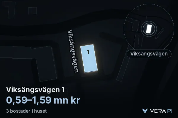 VERA PI's image of Viksängsvägen 1: the building in 3D, lit in blue, and the map around it