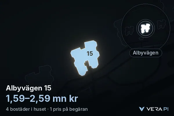 VERA PI's image of Albyvägen 15: the building in 3D, lit in blue, and the map around it