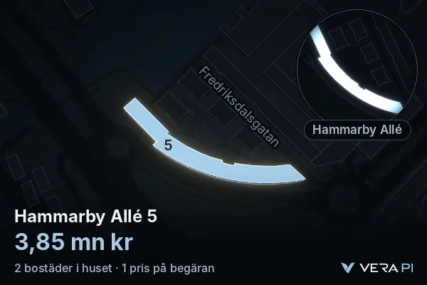 VERA PI:s bild av Hammarby Allé 5: huset i 3D, upplyst i blått, och kartan runt omkring