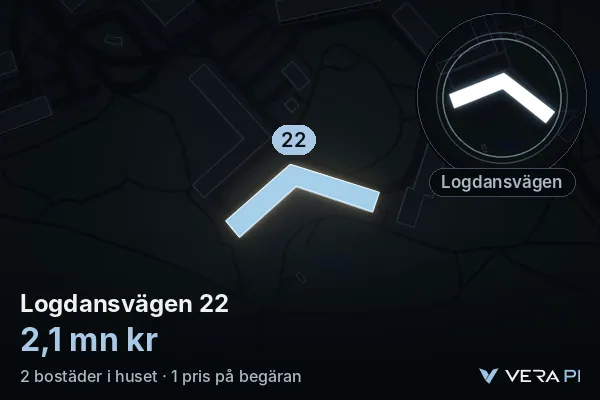 VERA PI:s bild av Logdansvägen 22: huset i 3D, upplyst i blått, och kartan runt omkring